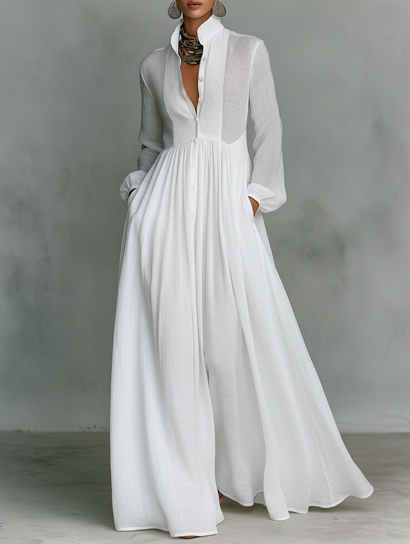 Jenifer | Maxi Minimalist in Cotton and Linen with Patchwork High Collar and Long Sleeves
