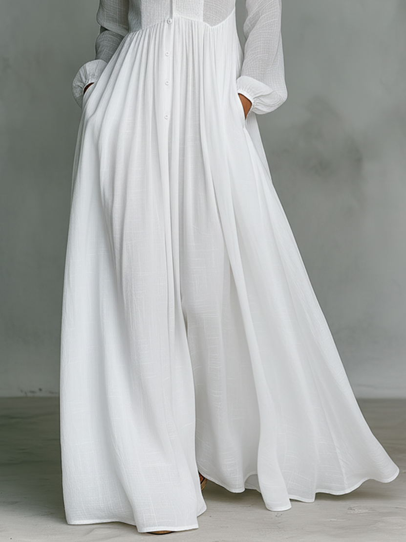 Jenifer | Maxi Minimalist in Cotton and Linen with Patchwork High Collar and Long Sleeves