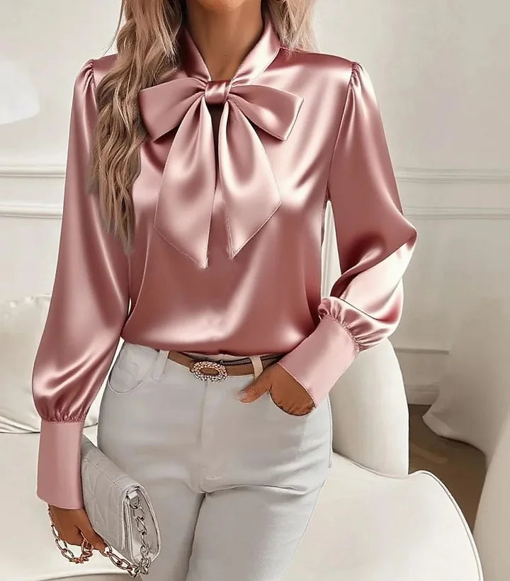 Cathy | Satin Bow-Tie V-Neck Blouse
