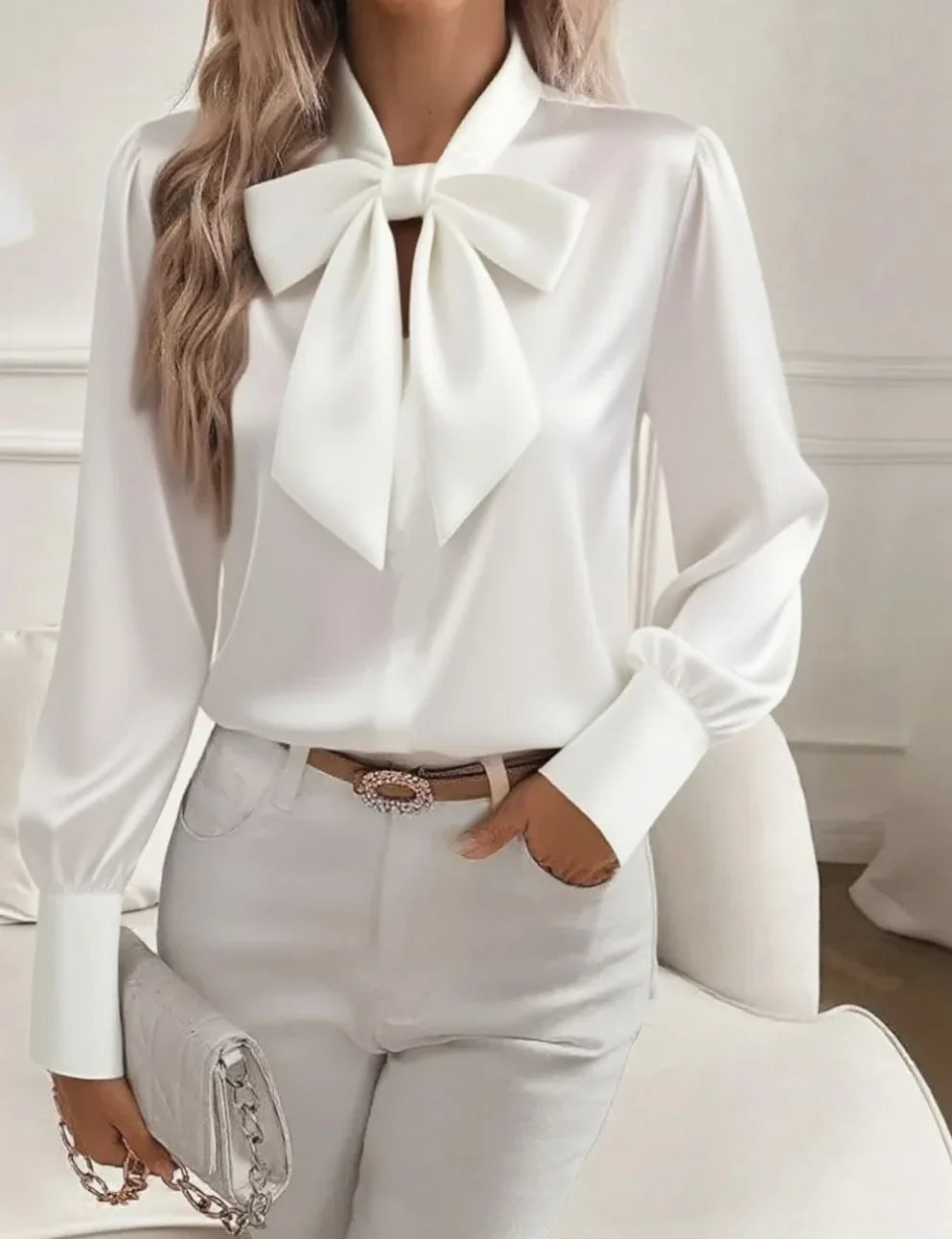 Cathy | Satin Bow-Tie V-Neck Blouse