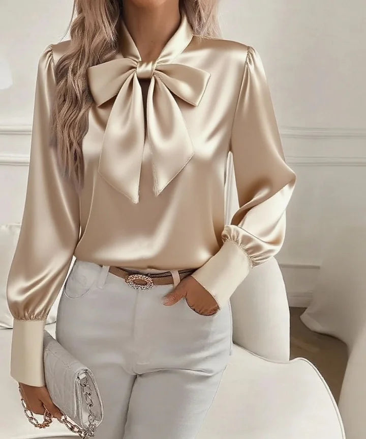 Cathy | Satin Bow-Tie V-Neck Blouse