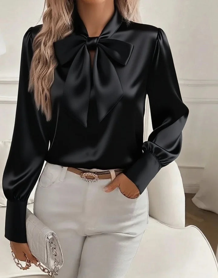Cathy | Satin Bow-Tie V-Neck Blouse