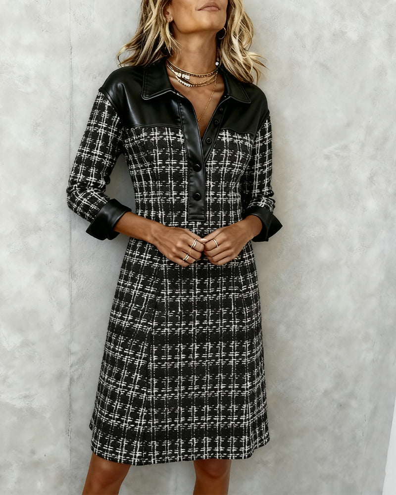Jane | Classic Tweed Dress with Faux-Leather Detail